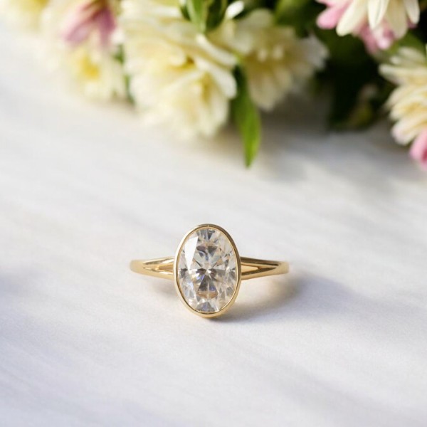 Elongated Oval Cut Moissanite Bezel Set Engagement Ring, Wedding Ring, 2.10 Carat 14k Yellow Gold Ring, Split Shank Anniversary Ring For Her