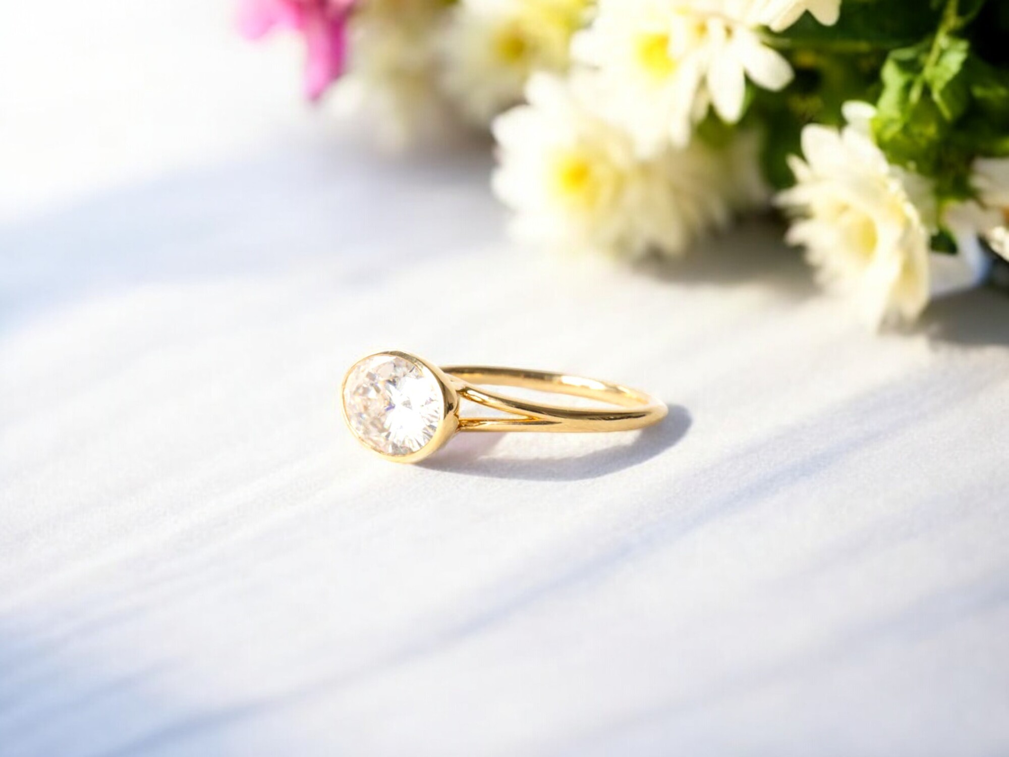 Bezel East West Elongated Oval Cut Solitaire Engagement, Split Shank Band Moissanite Diamond Bridal Comfort Wedding Ring, 14k Solid Yellow Gold Ring For Her, Proposal Wedding Ring For Women, Promise Anniversary Gifts For Women, Travel Unique Ring