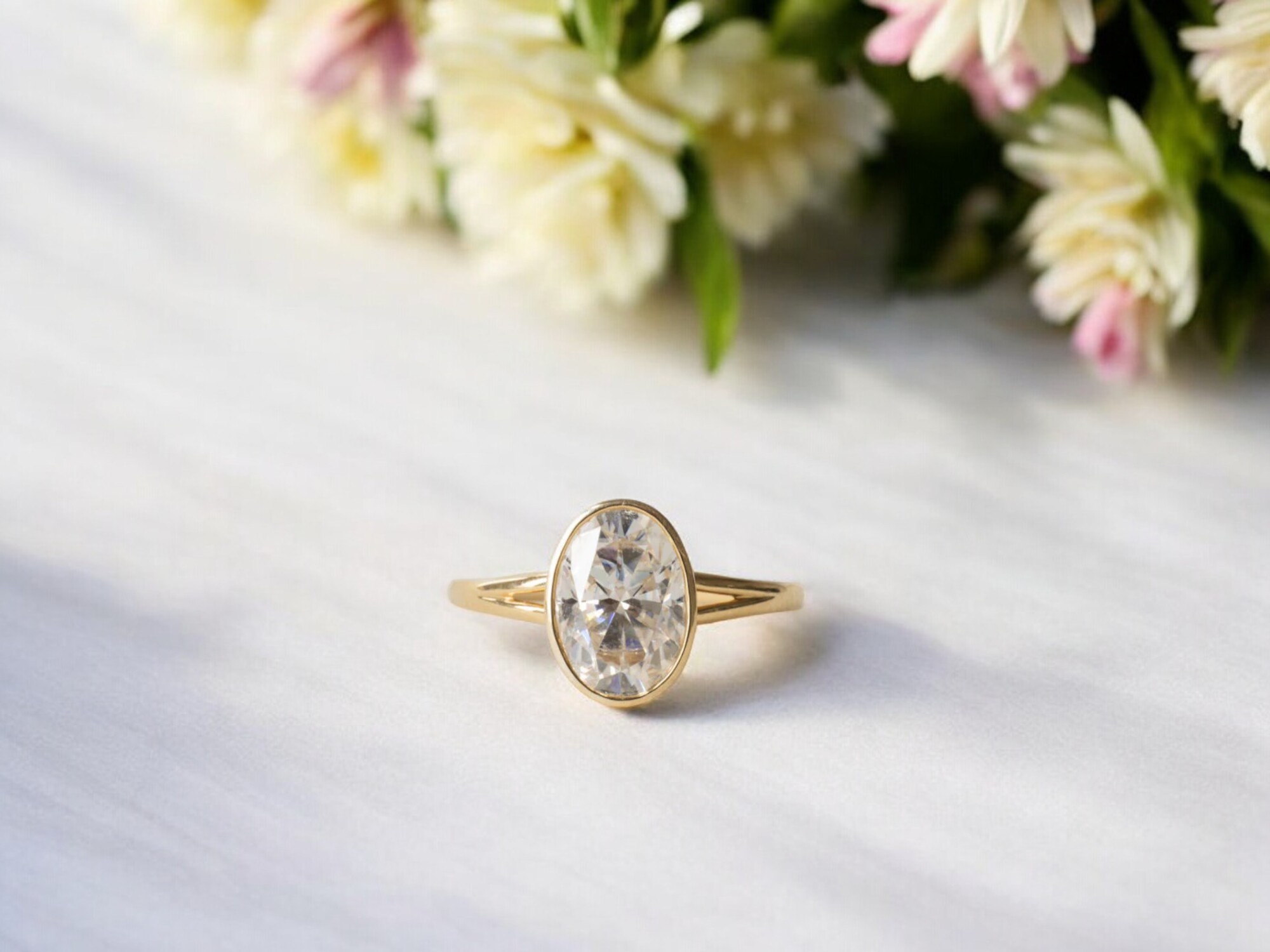 Elongated Oval Cut Moissanite Bezel Set Engagement Ring, Wedding Ring, 2.10 Carat 14k Yellow Gold Ring, Split Shank Anniversary Ring For Her