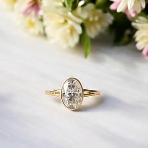 Elongated Oval Cut Moissanite Bezel Set Engagement Ring, Wedding Ring, 2.10 Carat 14k Yellow Gold Ring, Split Shank Anniversary Ring For Her